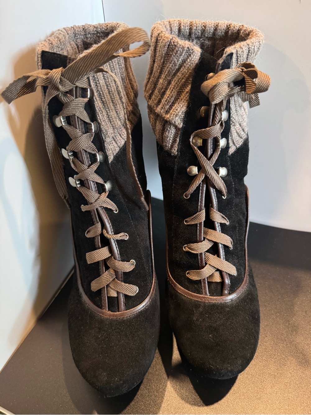 Gianni Bini Women's Black Suede Lace-Up Ankle Boots with Knit Cuff